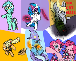 Size: 720x576 | Tagged: safe, artist:gleamingwolfdragon, applejack, derpy hooves, dj pon-3, lyra heartstrings, pinkie pie, trixie, vinyl scratch, pony, g4, bipedal, fire, hammer, magic, pyromancy, wrench