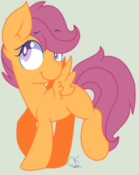 Size: 685x860 | Tagged: dead source, safe, artist:longtail448, scootaloo, pegasus, pony, g4, blue background, ear fluff, eyebrows, eyebrows visible through hair, female, filly, foal, light blue background, raised hoof, signature, simple background, solo