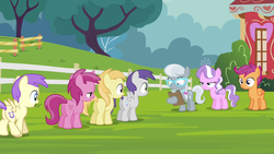 Size: 1280x720 | Tagged: safe, screencap, alula, diamond tiara, noi, pluto, ruby pinch, scootaloo, silver spoon, tornado bolt, earth pony, pegasus, pony, unicorn, g4, twilight time, animation error, butt, female, filly, foal, no tail, plot