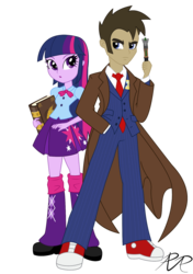 Size: 1156x1642 | Tagged: safe, artist:reg-d-fanfiction, doctor whooves, time turner, twilight sparkle, equestria girls, g4, clockwork, doctor whooves adventures, duo, equestria girls-ified, female, male, simple background, sonic screwdriver, transparent background