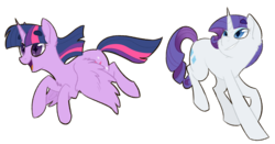 Size: 1280x671 | Tagged: safe, artist:flower-power-love, rarity, twilight sparkle, alicorn, pony, unicorn, g4, beanbrows, cutie mark, duo, eyebrows, female, flying, horn, mare, simple background, smiling, twilight sparkle (alicorn), wings