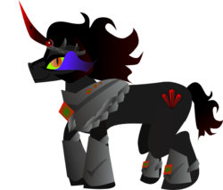 Size: 607x518 | Tagged: safe, artist:strangecanine, king sombra, g4, boots, colored horn, crown, curved horn, cutie mark, gorget, helmet, horn, jewelry, male, regalia, shoes, solo, sombra eyes, sombra horn, sombra's cutie mark