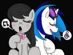 Size: 2054x1536 | Tagged: safe, artist:foxgirlkira, dj pon-3, octavia melody, vinyl scratch, g4, blushing, pictogram, simple background, speech bubble