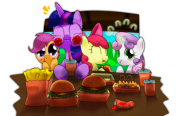 Size: 1700x1105 | Tagged: safe, artist:hoyeechun, apple bloom, scootaloo, sweetie belle, twilight sparkle, alicorn, pony, g4, twilight time, cutie mark crusaders, duckface, eating, female, food, french fries, hay burger, mare, messy eating, pixiv, table, that pony sure does love burgers, twilight burgkle, twilight sparkle (alicorn)