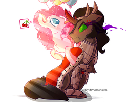 Size: 1000x800 | Tagged: safe, artist:evehly, king sombra, pinkie pie, g4, angry, balloon, blushing, cherry, female, floppy ears, frown, glare, licking, male, raised hoof, shipping, sitting, sombrapie, straight