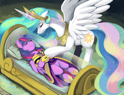 Size: 1150x887 | Tagged: safe, artist:ende26, princess celestia, twilight sparkle, alicorn, pony, g4, casket, coffin, crying, dead, eyes closed, fanfic art, female, funeral, glass case, mare, mortal twilight, mortality blues, mourning, on back, sad, smiling, spread wings, twilight sparkle (alicorn)