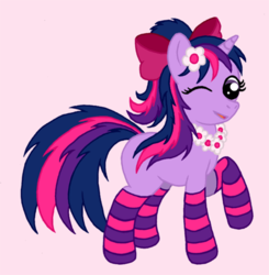 Size: 500x510 | Tagged: safe, artist:lycanox, twilight sparkle, g4, alternate hairstyle, clothes, female, filly, floral necklace, flower, flower in hair, socks, solo, striped socks, wink