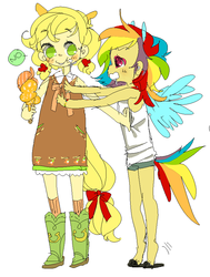 Size: 674x892 | Tagged: safe, artist:costly, applejack, rainbow dash, human, g4, boots, drool, duo, eared humanization, food, humanized, ice cream, one word, tailed humanization, winged humanization, younger