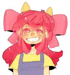 Size: 529x565 | Tagged: safe, artist:costly, apple bloom, human, g4, female, humanized, overalls, portrait, smiling, solo, uncanny valley