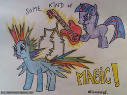 Size: 1024x766 | Tagged: safe, artist:666inflames666, rainbow dash, twilight sparkle, g4, duo, guitar, magic, traditional art