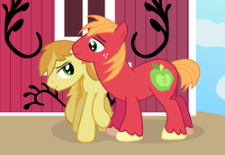 Size: 1280x888 | Tagged: safe, artist:dj-p0n3, big macintosh, braeburn, earth pony, pony, g4, gay, incest, male, ship:braemac, shipping, stallion