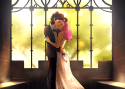 Size: 1400x990 | Tagged: safe, artist:bakki, cheese sandwich, pinkie pie, human, backlighting, beautiful, cheesepie, clothes, dress, female, handsome, hilarious in hindsight, humanized, kissing, love, male, shipping, straight, wedding, wedding dress
