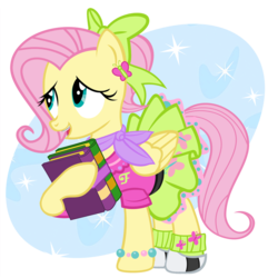 Size: 1000x1000 | Tagged: safe, artist:pixelkitties, fluttershy, g4, 1950s, 50's fashion, 50s, alternate hairstyle, book, bracelet, braces, clothes, cute, dress, fashion, female, ponytail, saddle shoes, scarf, shoes, shyabetes, simple background, skirt, sneakers, solo, transparent background