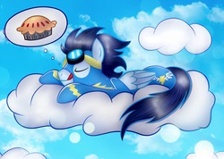 Size: 1280x909 | Tagged: safe, artist:vocalmaker, soarin', g4, cloud, cloudy, cute, dream, male, pie, sky, soarinbetes, solo, that pony sure does love pies, wonderbolts
