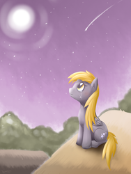Size: 768x1024 | Tagged: safe, artist:vavacung, derpy hooves, pegasus, pony, g4, crying, female, mare, moon, night, shooting star, solo, stars