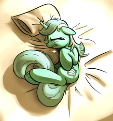 Size: 808x864 | Tagged: safe, artist:nadnerbd, lyra heartstrings, pony, unicorn, g4, bed, crying, dock, female, mare, pillow, sad, solo, underhoof, woobie