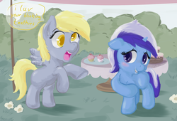 Size: 2500x1700 | Tagged: safe, artist:osakaoji, derpy hooves, minuette, pegasus, pony, unicorn, g4, blank flank, blushing, braces, bush, cake, colored pupils, cupcake, dialogue, duo, duo female, ear fluff, female, filly, filly derpy, filly derpy hooves, filly minuette, floppy ears, flower, food, grass, open mouth, rearing, smiling, speech bubble, spread wings, table, underhoof, wings, younger