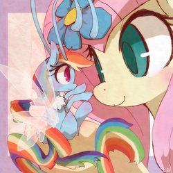 Size: 1000x995 | Tagged: safe, artist:kolshica, fluttershy, rainbow dash, breezie, pony, g4, it ain't easy being breezies, breeziefied, eye contact, female, flower, flower in hair, looking at each other, mare, rainbow breez, size difference, smiling, species swap, tiny ponies