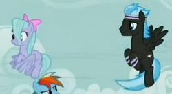 Size: 1417x773 | Tagged: safe, screencap, flitter, rainbow dash, thunderclap, g4, it ain't easy being breezies, blank flank