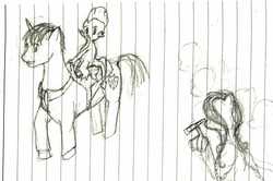 Size: 1776x1177 | Tagged: safe, artist:ponescribbles, shining armor, spike, g4, binoculars, generic pony, group, lined paper, monochrome, riding, saddle, sketch, spike riding shining armor, traditional art