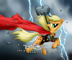 Size: 979x816 | Tagged: safe, artist:brab777, applejack, g4, crossover, female, hammer, lightning, mouth hold, solo, thor