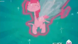Size: 1004x566 | Tagged: safe, screencap, pinkie pie, g4, it ain't easy being breezies, faic, great moments in animation, hub logo, magic, needs more jpeg, nightmare fuel, smear frame, solo, this isn't even my final form, transformation, wat, what has magic done