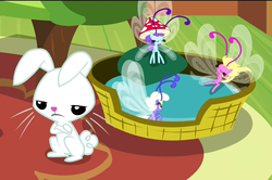 Size: 1628x1080 | Tagged: safe, screencap, angel bunny, breezette, cotton (g4), breezie, g4, it ain't easy being breezies, my little pony: friendship is magic, hat, mushroom hat, unnamed breezie, unnamed character