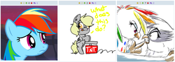 Size: 770x274 | Tagged: safe, artist:mykegreywolf, derpy hooves, gilda, rainbow dash, griffon, derpibooru, g4, it ain't easy being breezies, my little pony: friendship is magic, exploitable meme, explosives, female, griffonized, interspecies, juxtaposition, juxtaposition win, lesbian, meme, meta, rainbow griffon, ship:gildash, shipping, species swap, tnt