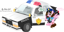Size: 1024x514 | Tagged: safe, artist:shinta-girl, oc, oc only, oc:shinta pony, pegasus, pony, car, female, mare, police car, solo, spanish, translated in the comments