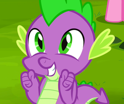 Size: 1280x1080 | Tagged: safe, screencap, pinkie pie, spike, dragon, g4, it ain't easy being breezies, baby, baby dragon, cute, grass, green eyes, grin, happy, hooves, male, smiling, solo, spikabetes