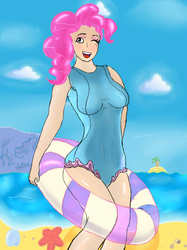 Size: 600x803 | Tagged: safe, artist:firebird145, pinkie pie, human, g4, beach, breasts, busty pinkie pie, clothes, female, humanized, one-piece swimsuit, solo, swimsuit