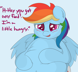 Size: 2500x2300 | Tagged: safe, artist:graphenescloset, rainbow dash, belly, belly button, blushing, chubby, embarrassed, fat, female, hungry, open mouth, rainblob dash, smiling, solo, tubby wubby pony waifu