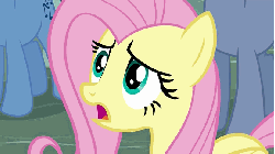 Size: 576x324 | Tagged: safe, screencap, fluttershy, g4, it ain't easy being breezies, season 4, animated, eye shimmer, female, horror, hubble, reaction image, the horror, the hub, zoom