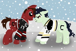 Size: 783x522 | Tagged: safe, artist:mylittleblackhawk, chicago blackhawks, hockey, jonathan toews, nhl, pittsburgh penguins, ponified, sidney crosby, snow, snowfall, stadium series