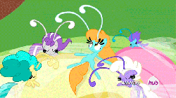 Size: 600x338 | Tagged: safe, screencap, cotton (g4), fluttershy, ghostberry, twirly, breezie, pony, g4, it ain't easy being breezies, animated, female, hub logo, loop, unnamed breezie, unnamed character