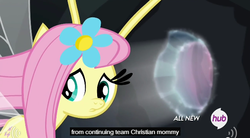 Size: 633x350 | Tagged: safe, screencap, fluttershy, breezie, g4, it ain't easy being breezies, breeziefied, christianity, female, flutterbreez, hub logo, meme, religion, solo, species swap, youtube caption