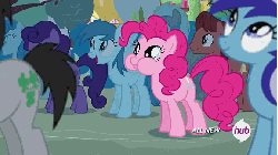 Size: 576x324 | Tagged: safe, screencap, lucky clover, minuette, pinkie pie, spike, g4, it ain't easy being breezies, animated, hub logo, hubble, puffy cheeks, the hub