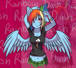 Size: 814x724 | Tagged: safe, artist:a-purple-pony, rainbow dash, anthro, g4, alternate hairstyle, belly button, bra strap, cleavage, clothes, female, midriff, scrunchie, shirt, solo