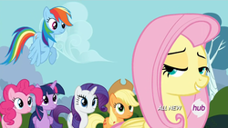 Size: 1440x810 | Tagged: safe, screencap, applejack, fluttershy, pinkie pie, rainbow dash, rarity, twilight sparkle, alicorn, pony, g4, it ain't easy being breezies, all new, female, hub logo, lidded eyes, mare, out of context, twilight sparkle (alicorn)