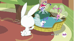 Size: 576x324 | Tagged: safe, screencap, angel bunny, breezette, cotton (g4), breezie, g4, it ain't easy being breezies, animated, hat, hub logo, hubble, mushroom hat, the hub, unnamed breezie, unnamed character