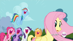 Size: 1440x810 | Tagged: safe, screencap, applejack, fluttershy, pinkie pie, rainbow dash, rarity, twilight sparkle, alicorn, pony, g4, it ain't easy being breezies, female, mane six, mare, nose in the air, noses in the air, open mouth, twilight sparkle (alicorn), uvula, volumetric mouth
