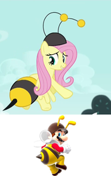 Size: 819x1300 | Tagged: safe, fluttershy, bee, g4, it ain't easy being breezies, animal costume, bee costume, bee mario, clothes, comparison, costume, flutterbee, male, mario, super mario bros., super mario galaxy