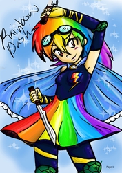 Size: 1240x1754 | Tagged: safe, artist:adazedrainbow, rainbow dash, human, g4, cape, clothes, elbow pads, female, goggles, humanized, knee pads, knife, magical girl, puella magi madoka magica, skirt, solo, weapon