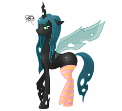 Size: 800x729 | Tagged: dead source, safe, artist:zilvtree, queen chrysalis, g4, clothes, female, simple background, socks, solo, striped socks