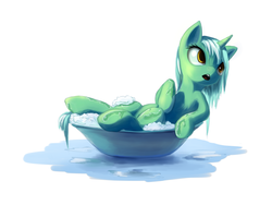 Size: 3200x2400 | Tagged: safe, artist:sokolas, lyra heartstrings, pony, unicorn, g4, bath, bowl, female, horn, mare, simple background, solo, suds, wet mane, white background