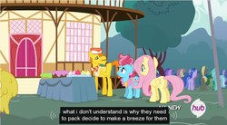 Size: 854x470 | Tagged: safe, screencap, amethyst star, carrot cake, cup cake, fluttershy, lyra heartstrings, sparkler, earth pony, pegasus, pony, g4, it ain't easy being breezies, female, hub logo, male, mare, meme, stallion, youtube caption