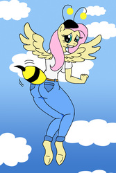 Size: 1454x2183 | Tagged: safe, artist:dragonblood6400, fluttershy, bee, anthro, g4, it ain't easy being breezies, animal costume, ass, bee costume, butt, butt shake, clothes, costume, female, flutterbee, solo