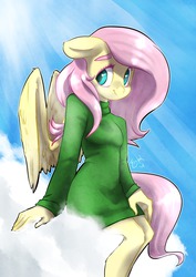 Size: 1280x1810 | Tagged: safe, artist:lizzyoli-ravioli, fluttershy, anthro, g4, clothes, cloud, female, smiling, solo, sweater, sweatershy