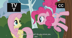 Size: 1152x609 | Tagged: safe, screencap, fluttershy, pinkie pie, g4, it ain't easy being breezies, meme, pinkie being pinkie, pinkie physics, prehensile tail, youtube caption