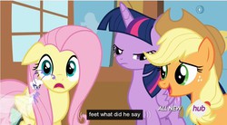 Size: 851x469 | Tagged: safe, screencap, applejack, fluttershy, twilight sparkle, breezie, g4, it ain't easy being breezies, hub logo, meme, unnamed breezie, unnamed character, youtube caption